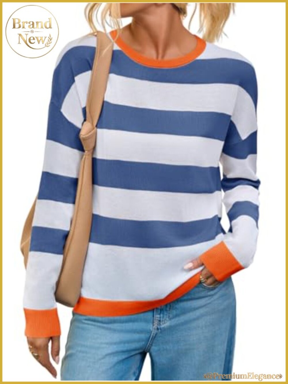 Women's Long Sleeve Color Block Striped Knit Pullover Lightweight Casual Crew